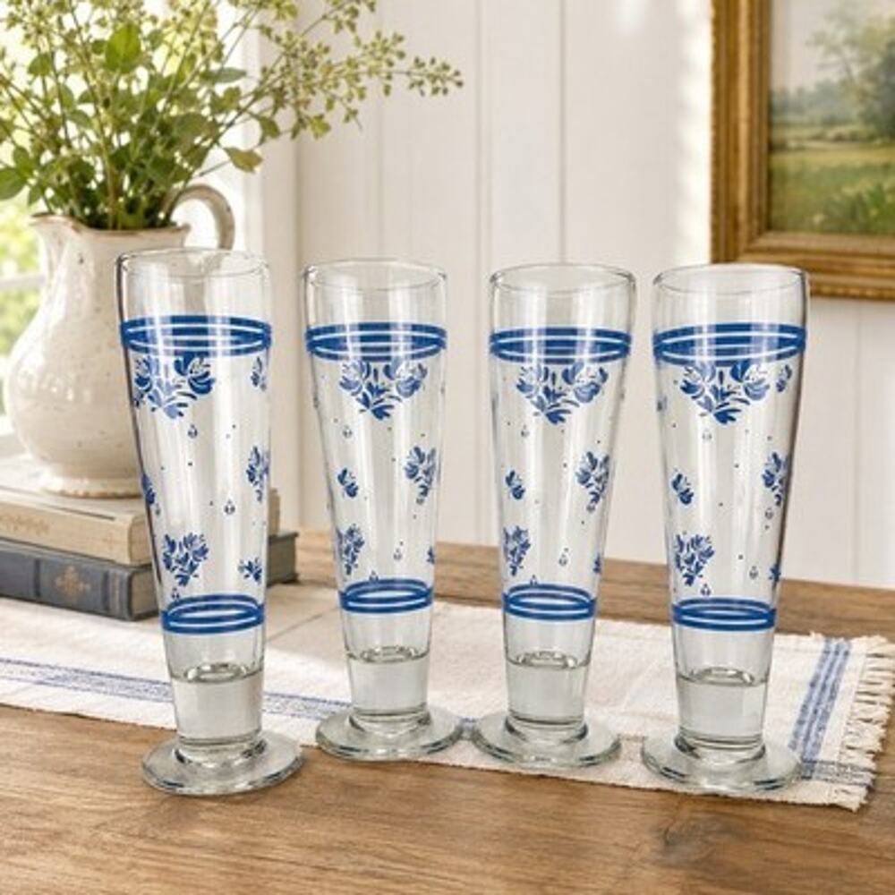 Pfaltzgraff Yorktowne Pilsner Beer Glasses Blue Floral Footed Set of 4 9.25”